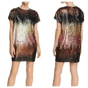 Aidan Mattox Dress Sequin Ombre Mini Shift Short Sleeve Black Pink Gold 0 XS